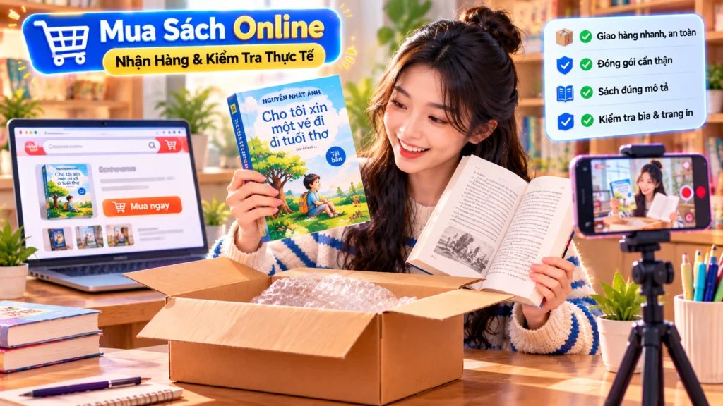 Hình minh họa người mở gói sách, kiểm tra bìa và quay video tình trạng hàng