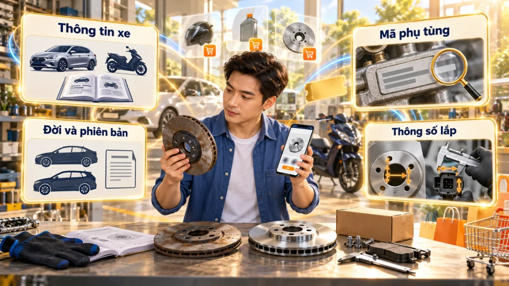 Hình minh họa bốn thông tin cần đối chiếu khi chọn phụ tùng: thông tin xe, đời và phiên bản, mã phụ tùng và thông số lắp