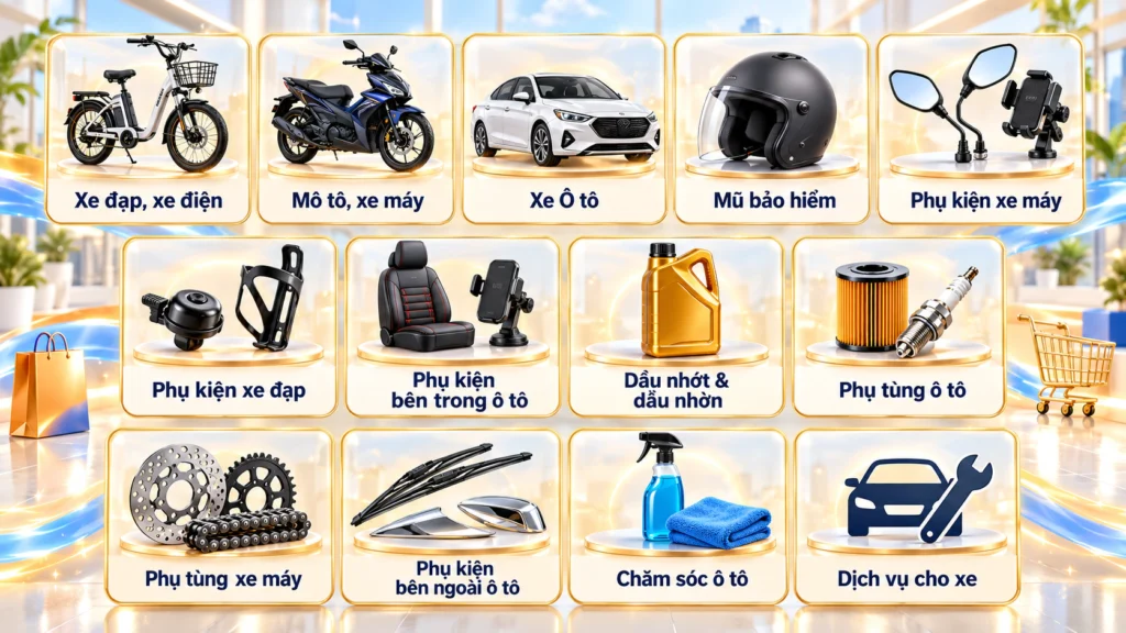 Hình minh họa mười ba nhóm hàng trong danh mục Ô Tô & Xe Máy & Xe Đạp