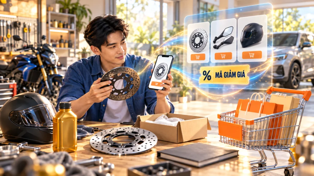 Hình minh họa người so chi tiết xe cũ với phụ tùng trên điện thoại khi xem mã giảm giá