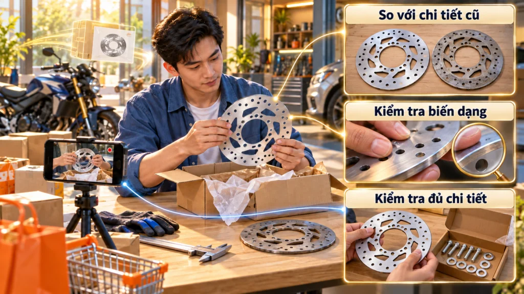 Hình minh họa kiểm tra phụ tùng so với chi tiết cũ khi nhận hàng