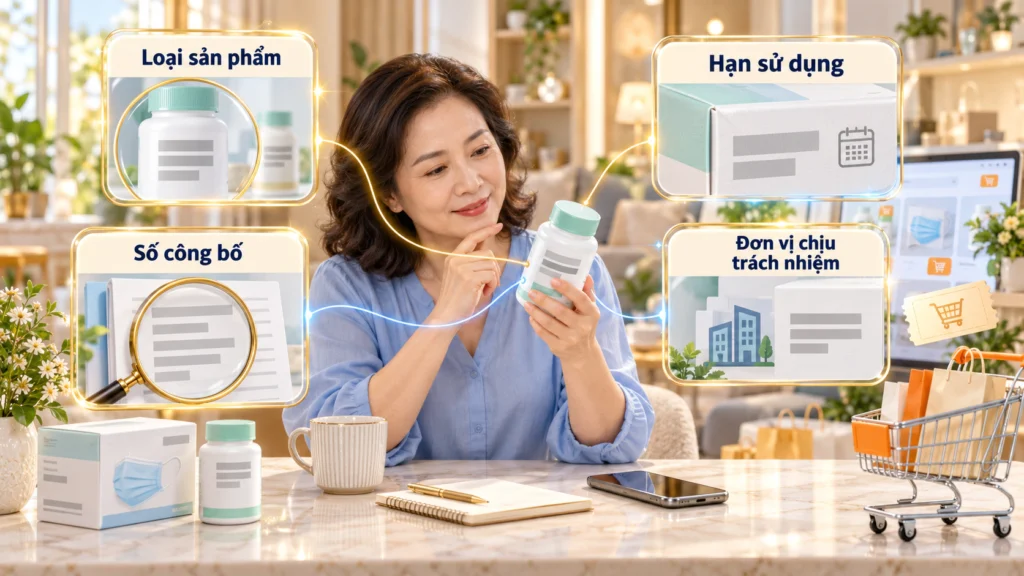 Hình minh họa bốn thông tin cần đối chiếu trên nhãn thực phẩm bảo vệ sức khỏe: loại sản phẩm, số công bố, hạn sử dụng và đơn vị chịu trách nhiệm