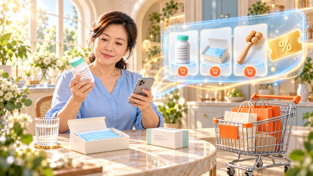 Hình minh họa người xem điện thoại cạnh sản phẩm sức khỏe khi tìm mã giảm giá