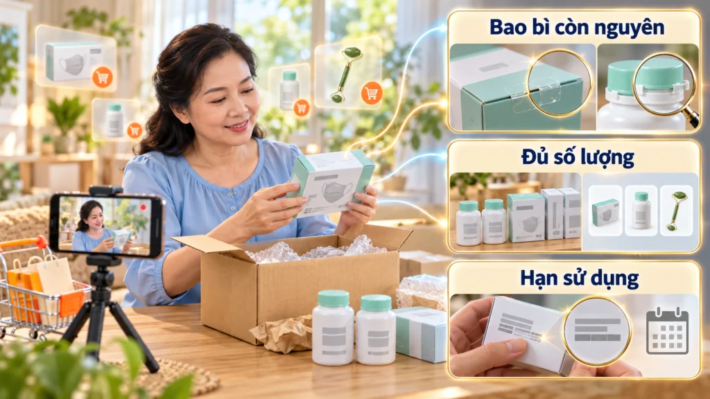 Hình minh họa kiểm tra bao bì, số lượng và hạn sử dụng khi nhận hàng sức khỏe