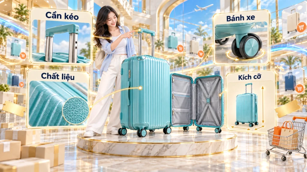 Hình minh họa tiêu chí chọn vali Hình minh họa bốn tiêu chí chọn vali: cần kéo, chất liệu, bánh xe và kích cỡ