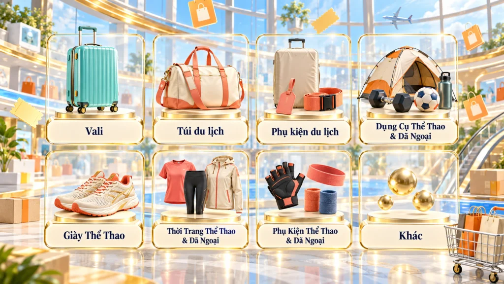 Hình minh họa nhóm hàng Thể Thao & Du Lịch Hình minh họa tám nhóm hàng trong danh mục Thể Thao & Du Lịch