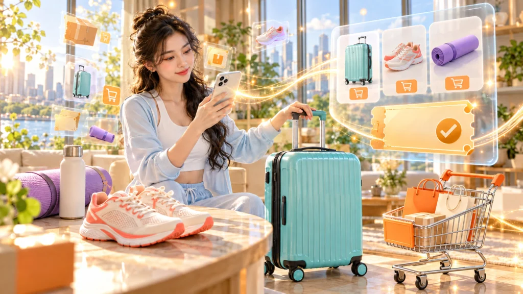 Hình minh họa chọn vali và giày thể thao Hình minh họa người xem điện thoại cạnh vali và giày thể thao khi tìm mã giảm giá