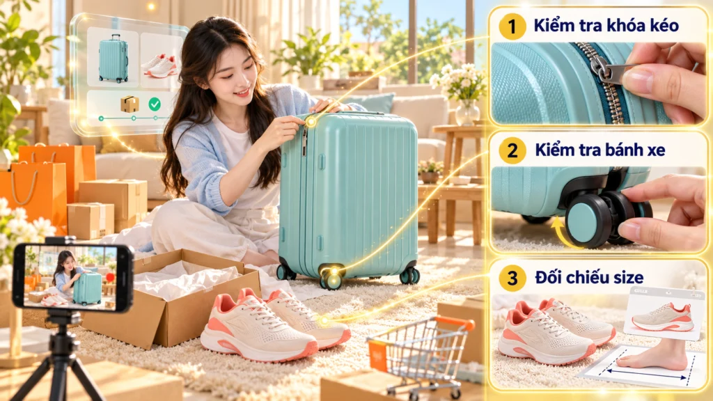 Hình minh họa kiểm tra hàng khi nhận Hình minh họa kiểm tra khóa kéo, bánh xe và size khi nhận vali và giày thể thao