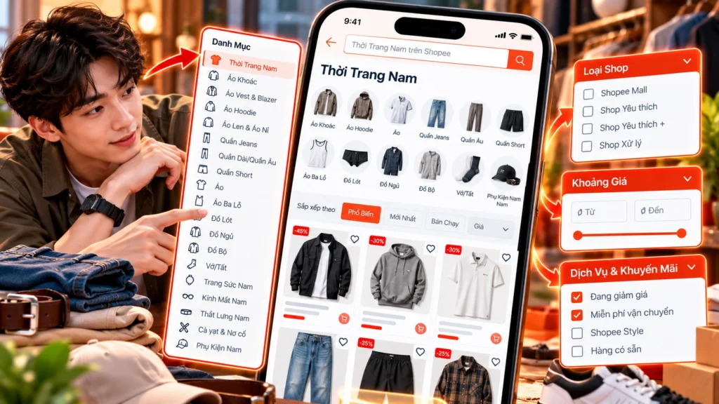 Hình minh họa danh mục Thời Trang Nam Shopee Hình minh họa danh mục Thời Trang Nam trên Shopee gồm áo khoác, quần jeans, đồ lót và phụ kiện