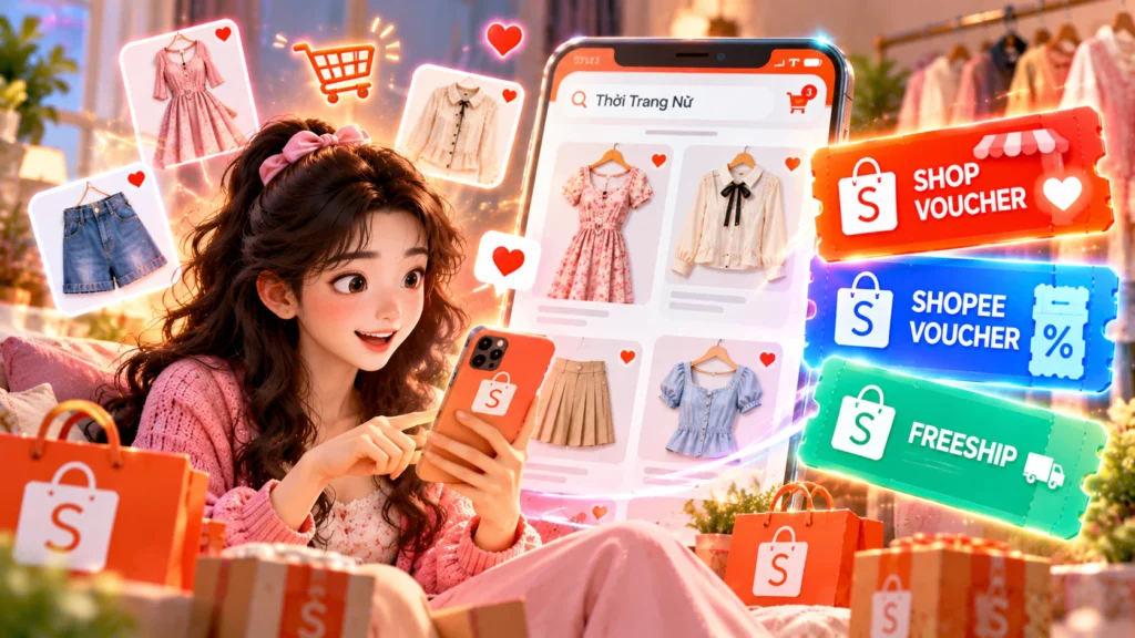 Hình minh họa người mua chọn váy, áo và chân váy nữ trên điện thoại trước khi lưu Shop Voucher
