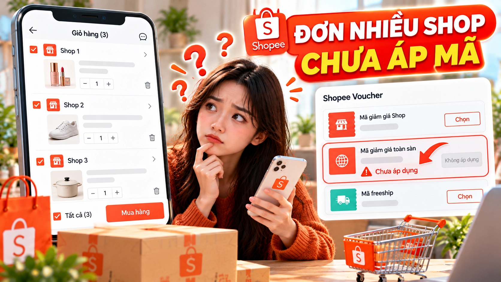 Hình minh họa giỏ hàng Shopee có sản phẩm từ nhiều shop và mã giảm giá chưa áp dụng được
