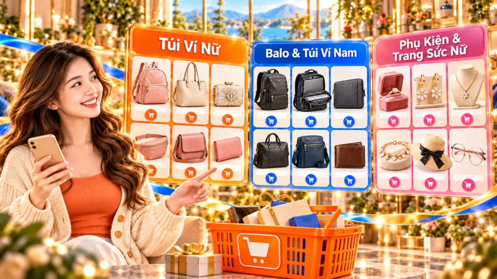 Hình minh họa ba danh mục túi ví, balo, trang sức Hình minh họa ba bảng biểu tượng túi ví nữ, balo túi ví nam và phụ kiện trang sức nữ