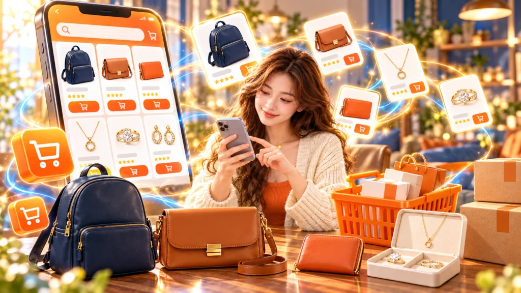 Hình minh họa chọn đồ trước khi mua Hình minh họa người ngồi xem túi, balo và trang sức trên điện thoại
