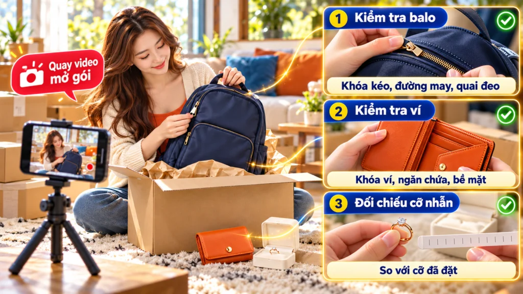 Hình minh họa kiểm tra hàng khi nhận Hình minh họa ba bước kiểm tra balo, ví và cỡ nhẫn khi mở gói hàng