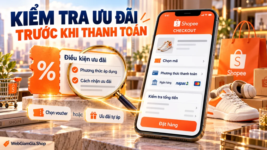 Hình minh họa kính lúp soi điều kiện ưu đãi cạnh trang thanh toán có ô chọn mã và phương thức thanh toán