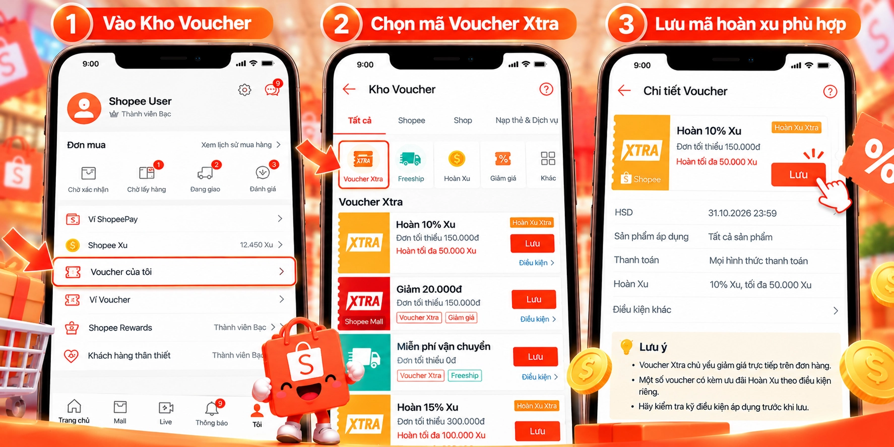 Hình minh họa kho Voucher hiển thị mã hoàn Xu Hình minh họa kho Voucher Shopee hiển thị mã Voucher Xtra hoàn xu
