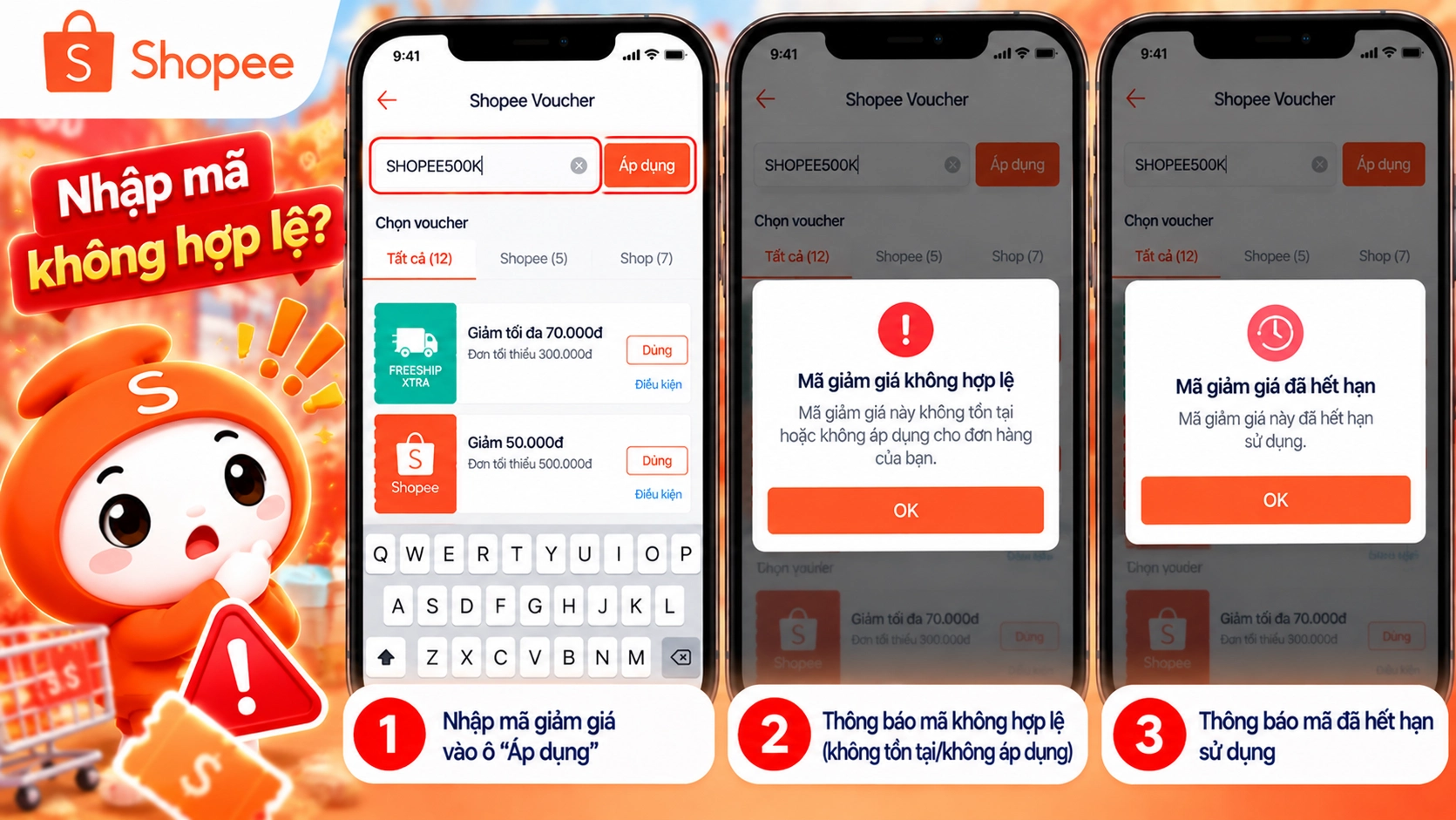 Hình minh họa mã không hợp lệ khi áp dụng trên Shopee Hình minh họa thông báo mã không hợp lệ khi áp voucher trên Shopee