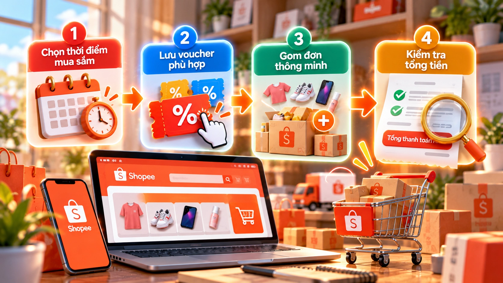 Hình minh họa 4 bước trước khi đặt hàng Hình minh họa bốn bước nhỏ nên làm trước mỗi lần đặt hàng trên Shopee để tiết kiệm hơn