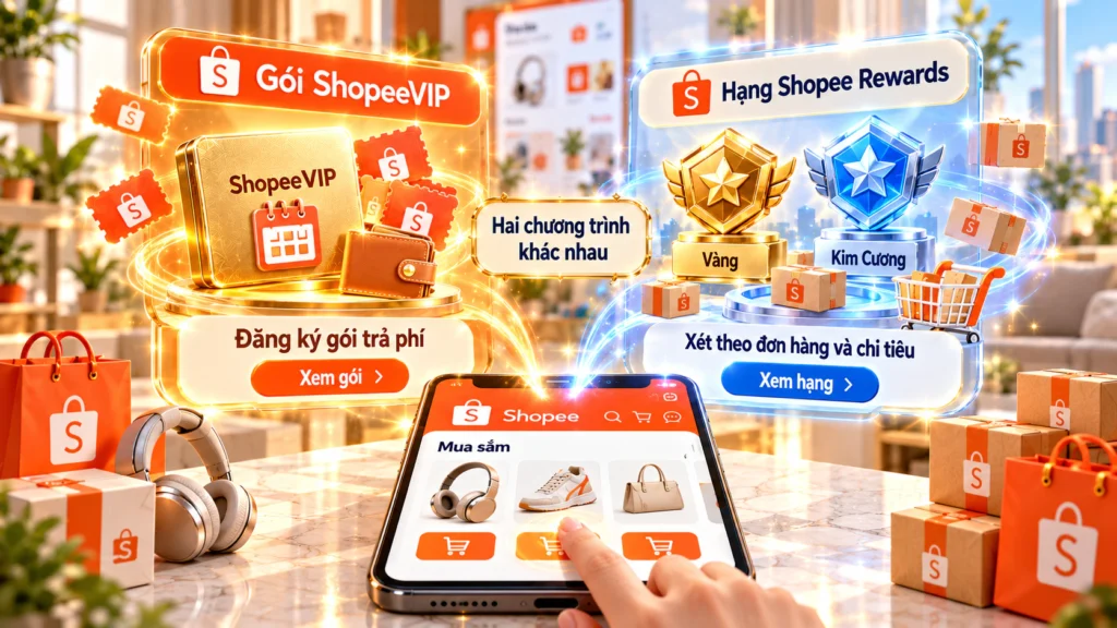 Hình minh họa hai nghĩa của VIP trên Shopee Hình minh họa người mua sắm đứng giữa hai lối đi: gói ShopeeVIP trả phí và hạng thành viên Shopee Rewards