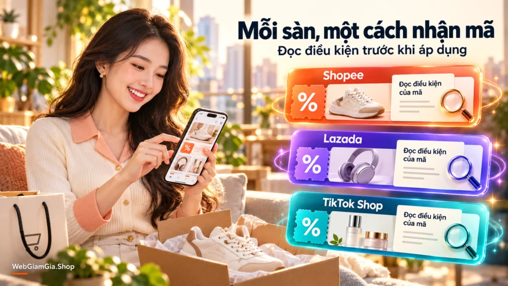 Hình minh họa mỗi sàn một cách nhận mã Hình minh họa ba khu vực riêng cho Shopee, Lazada và TikTok Shop, mỗi khu có một thẻ mã và dòng đọc điều kiện của mã