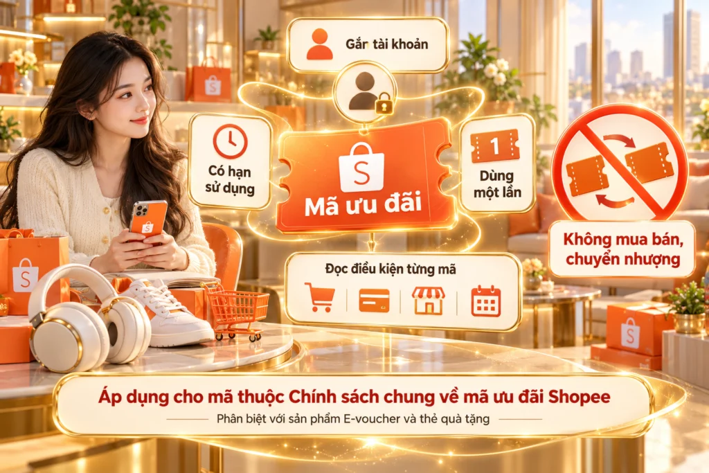 Hình minh họa thẻ voucher gắn với một tài khoản, có hạn dùng và chỉ dùng một lần, không chuyển tay