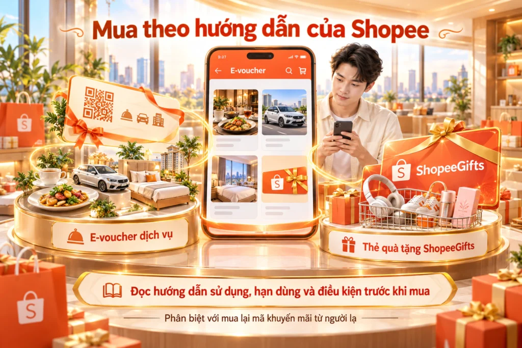 Hình minh họa người mua chọn E-voucher dịch vụ và thẻ quà tặng ShopeeGifts trong ứng dụng mua sắm