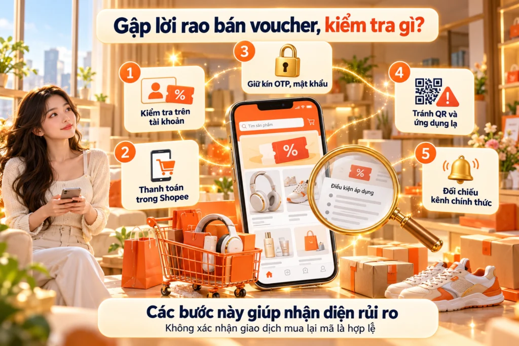 Hình minh họa năm điểm cần kiểm tra khi có người rao bán mã giảm giá