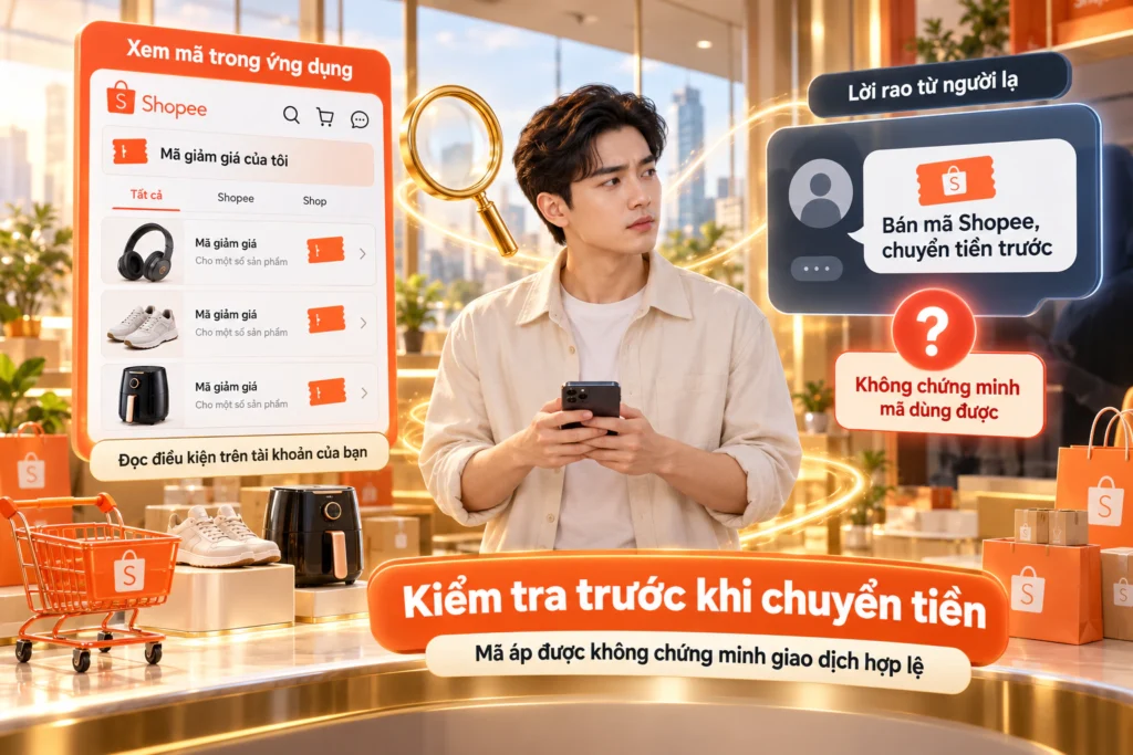 Hình minh họa người mua đứng trước hai lối: lấy voucher trong ứng dụng hoặc trả tiền cho lời rao bán mã