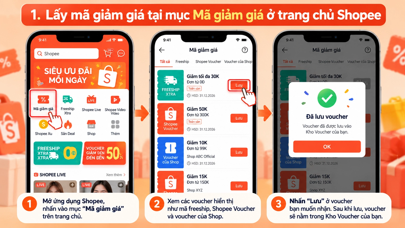 Hình minh họa cách lấy mã giảm giá Shopee tại trang chủ Hình minh họa mục Mã giảm giá ở trang chủ ứng dụng Shopee
