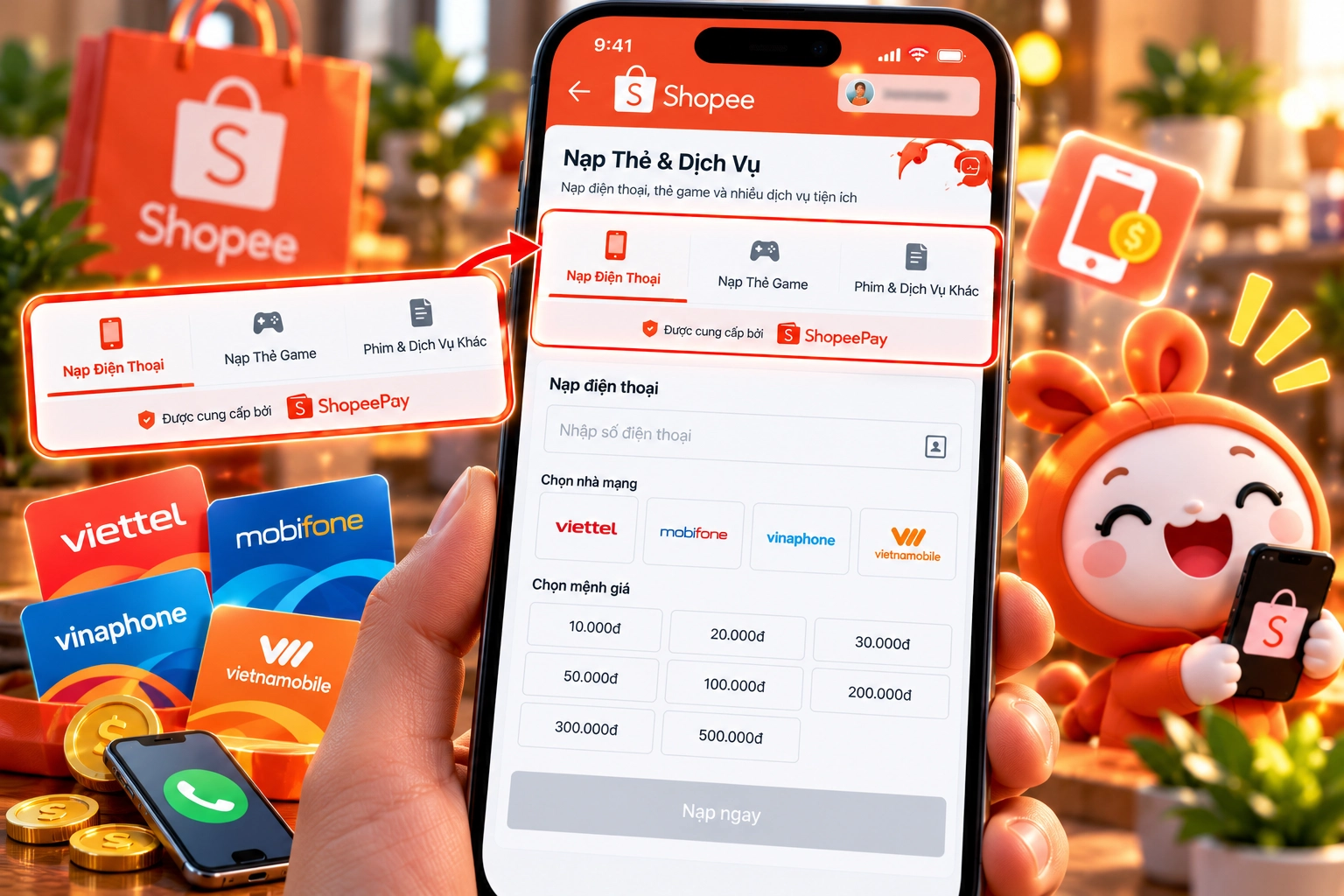 Hình minh họa mục Nạp Thẻ & Dịch Vụ Shopee Hình minh họa mục Nạp Thẻ & Dịch Vụ trên Shopee với các tab nạp điện thoại, nạp thẻ game và dịch vụ khác