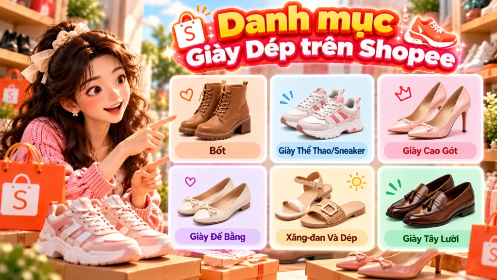 Hình minh họa các nhóm giày dép Hình minh họa các nhóm giày dép như bốt, sneaker, giày cao gót, giày đế bằng và xăng-đan