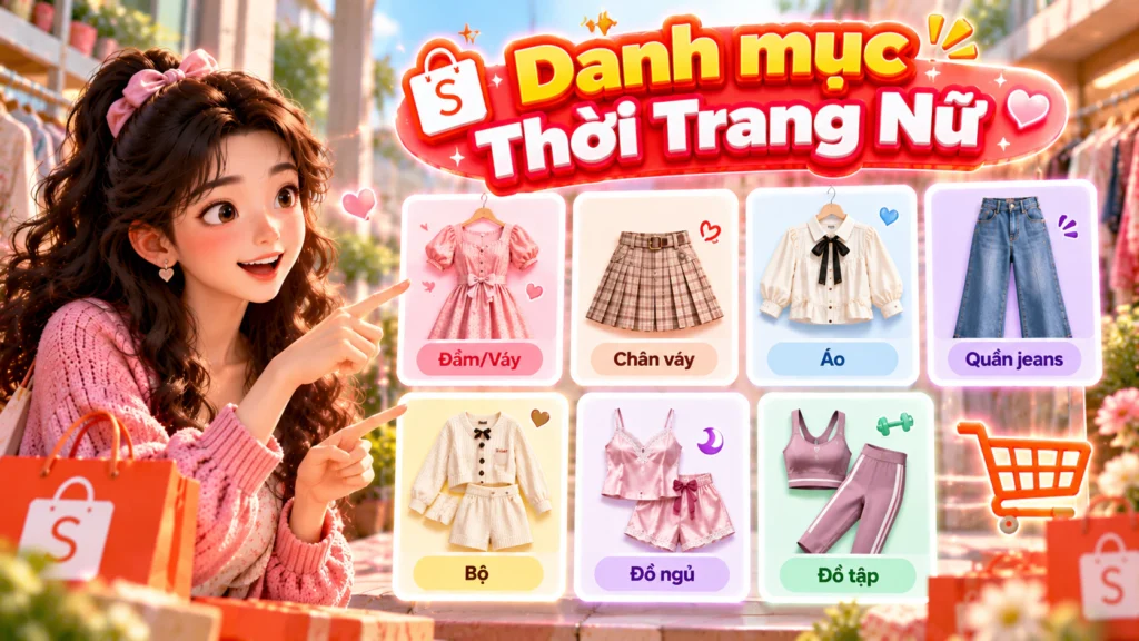 Hình minh họa các nhóm hàng thời trang nữ như Đầm/Váy, Chân váy, Áo, Quần jeans và Bộ