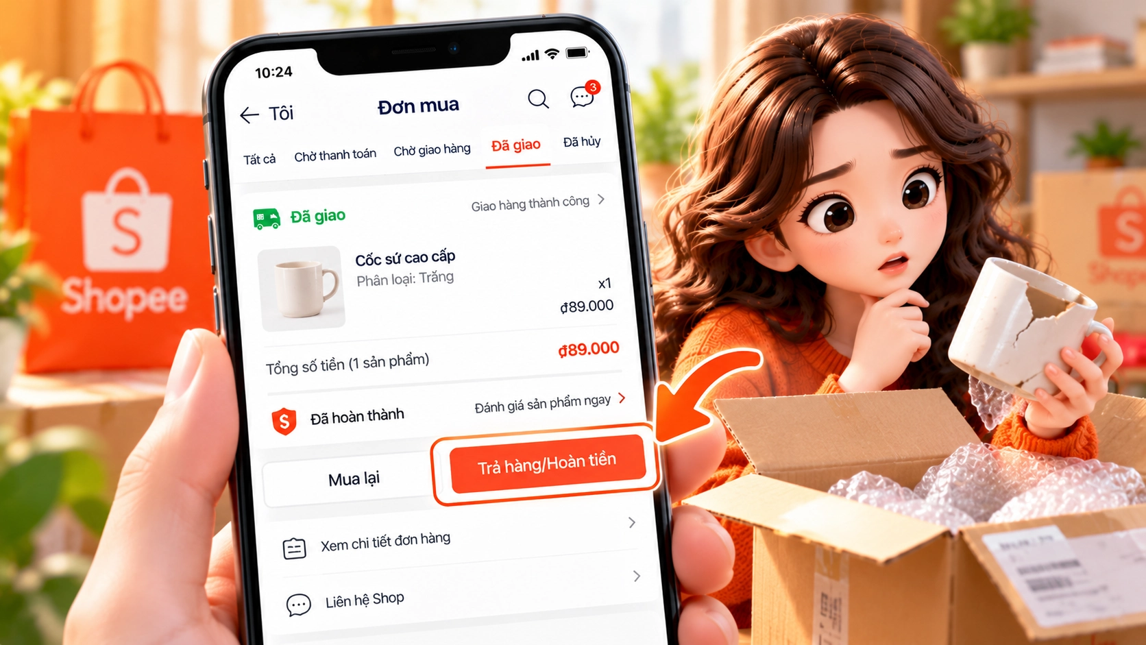 Hình minh họa nút Trả hàng/Hoàn tiền trong chi tiết đơn hàng Shopee