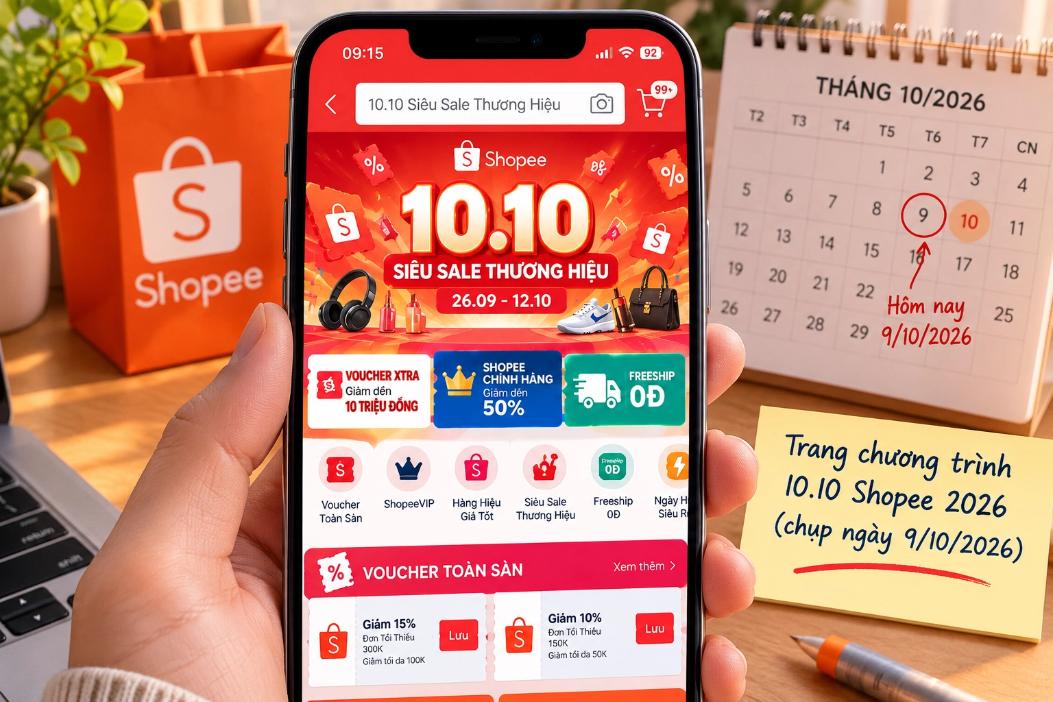 Hình minh họa trang chương trình Sale 10.10 Shopee 2026 hiển thị Voucher Xtra, Shopee Chính Hãng và Freeship 0Đ