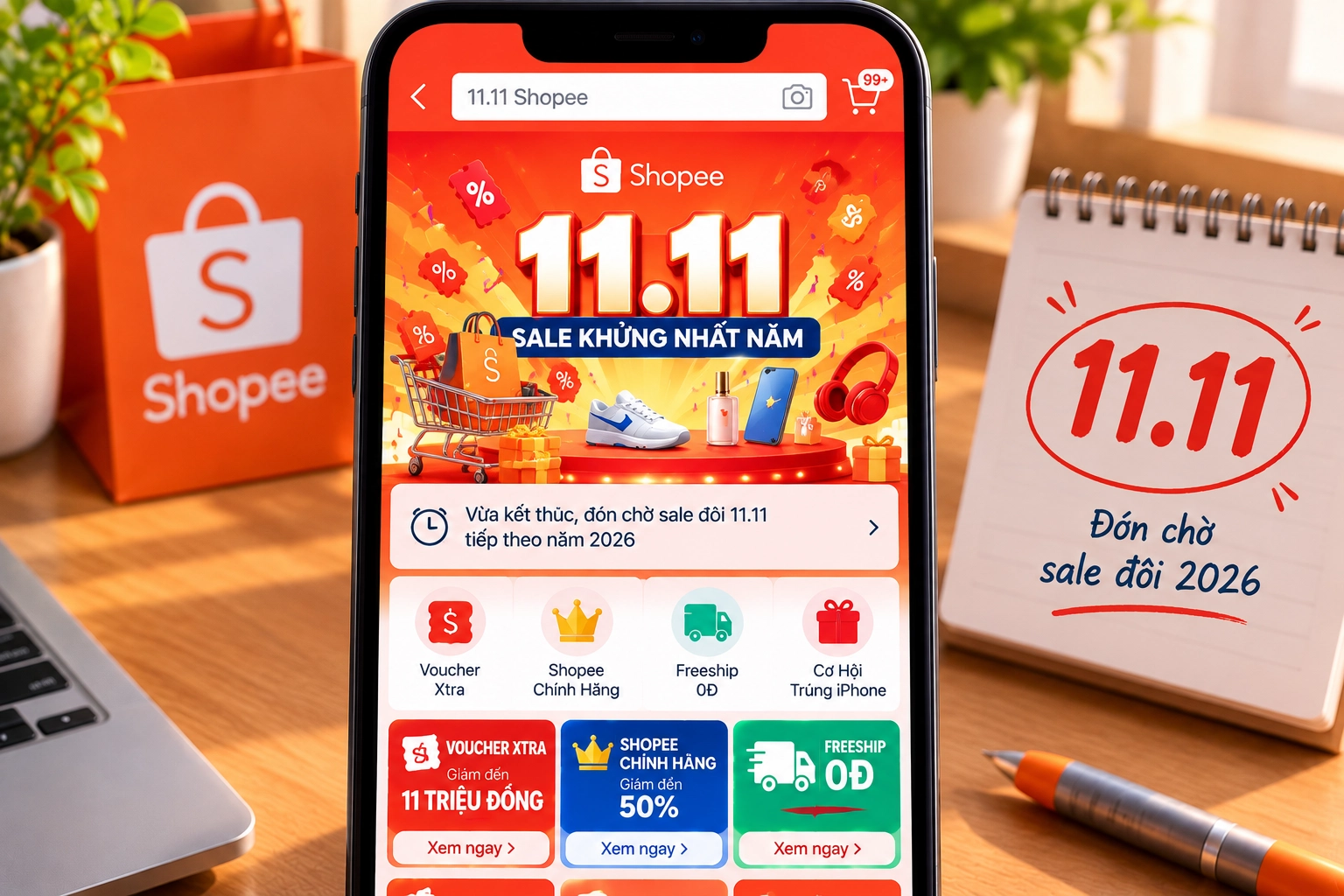 Hình minh họa trang 11.11 trên Shopee có dòng đón chờ sale đôi 11.11 tiếp theo năm 2026