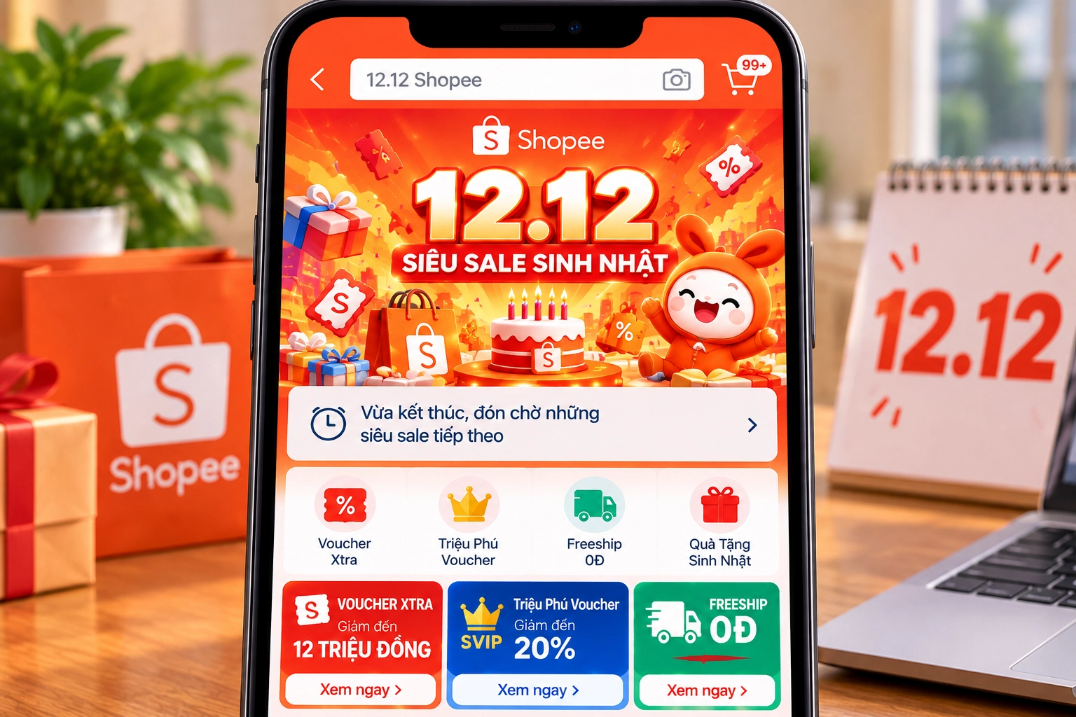Hình minh họa trang 12.12 của Shopee với đợt Siêu Sale Sinh Nhật năm 2025 đã kết thúc