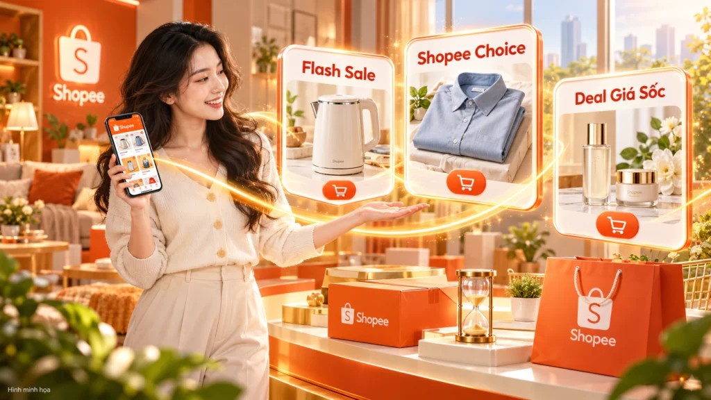 Hình minh họa các deal sale 1K thuộc nhiều ngành hàng trên Shopee