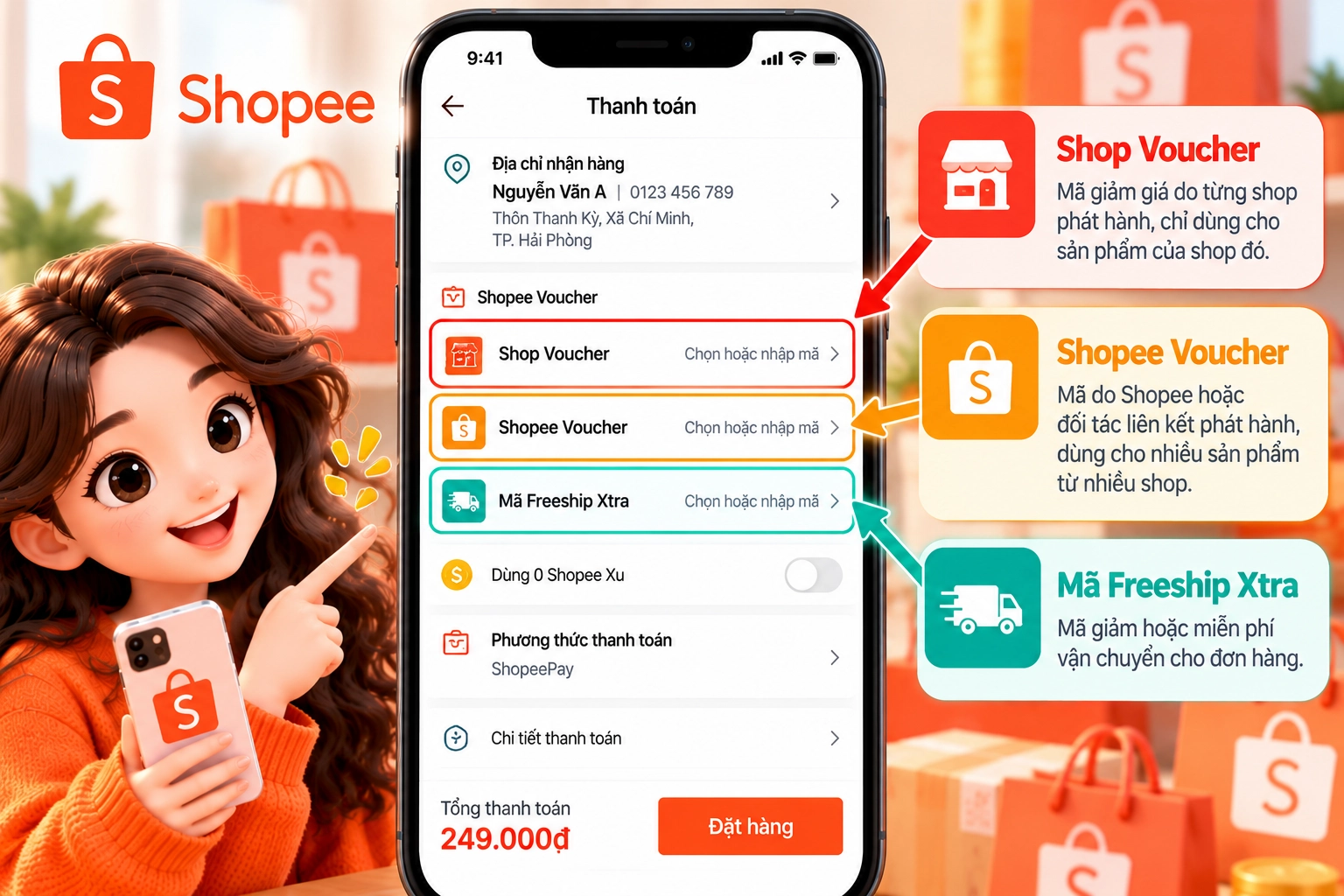 Hình minh họa các mục Shop Voucher, Shopee Voucher và mã miễn phí vận chuyển trên trang thanh toán Shopee