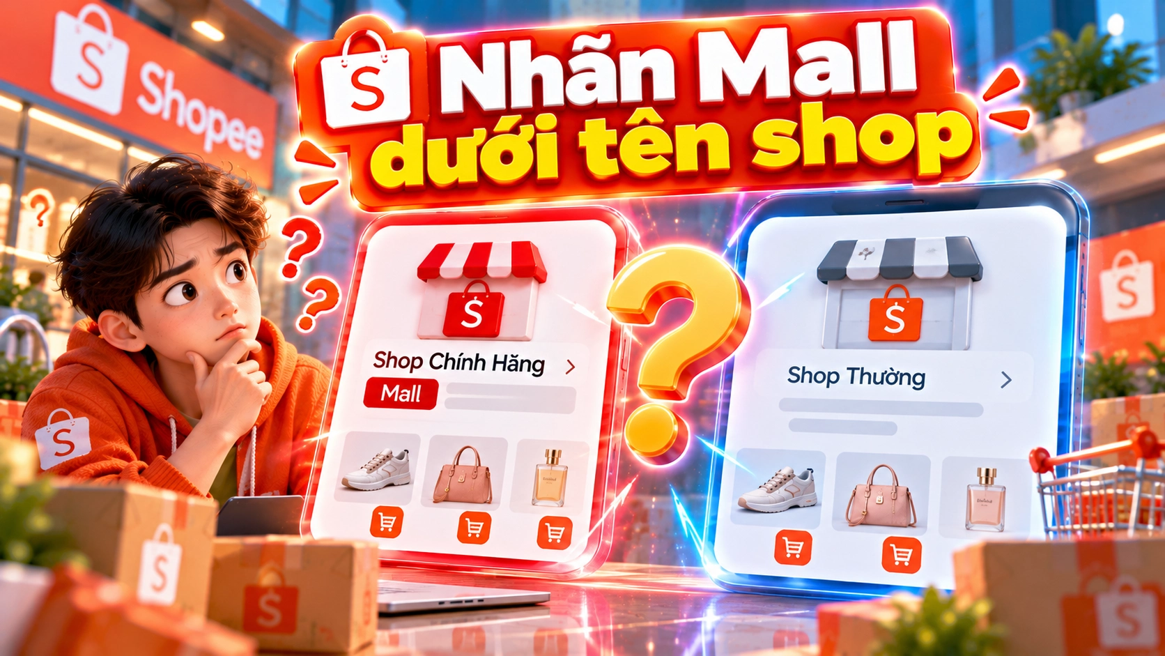 Hình minh họa nhãn Mall dưới tên shop Hình minh họa nhãn Mall dưới tên shop trên Shopee so với gian hàng thường