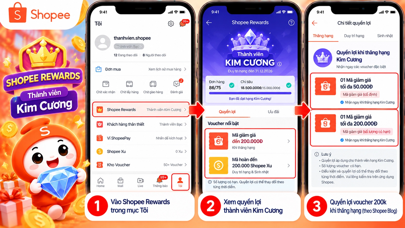 Hình minh họa Voucher 200k từ Shopee Rewards hạng Kim Cương Hình minh họa quyền lợi voucher 200k của hạng Kim Cương trong Shopee Rewards