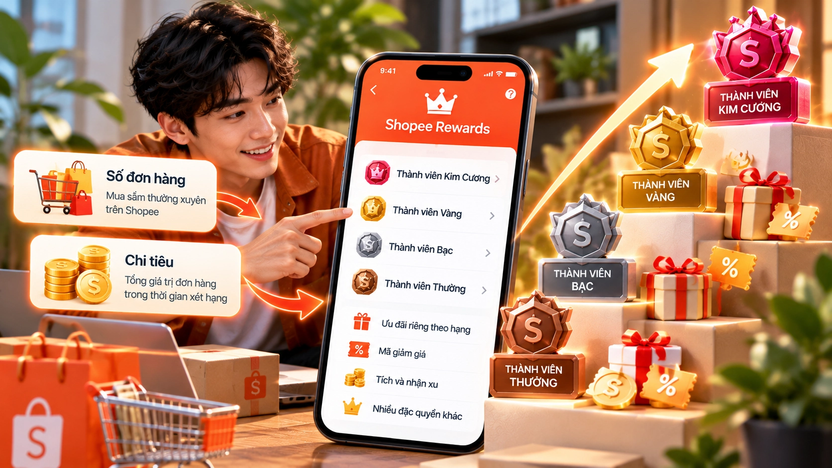 Hình minh họa người dùng Shopee được tự động xếp vào bốn hạng dựa trên số đơn hàng và chi tiêu