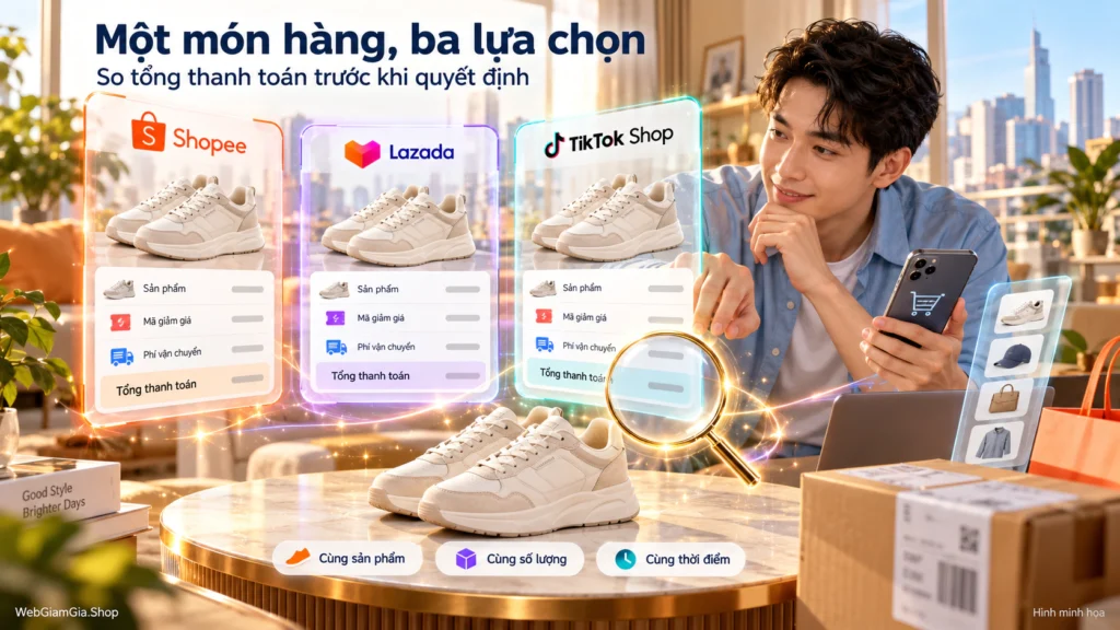 Hình minh họa so cùng một sản phẩm trên ba sàn Hình minh họa so cùng một món hàng trên Shopee, Lazada và TikTok Shop theo mã giảm giá, phí vận chuyển và tổng thanh toán