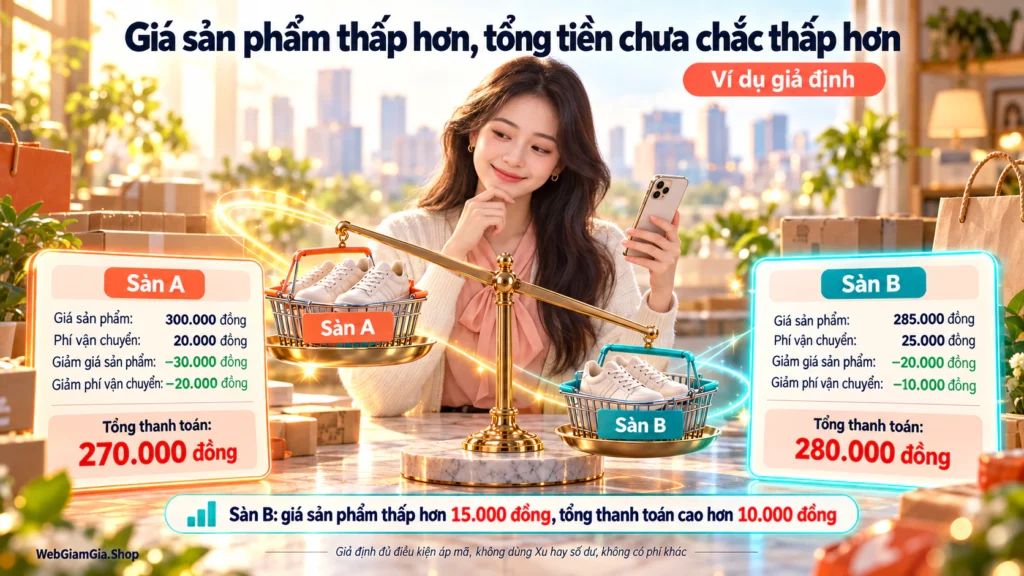 Hình minh họa so tổng thanh toán hai sàn Hình minh họa so tổng thanh toán giả định của Sàn A 270.000 đồng và Sàn B 280.000 đồng