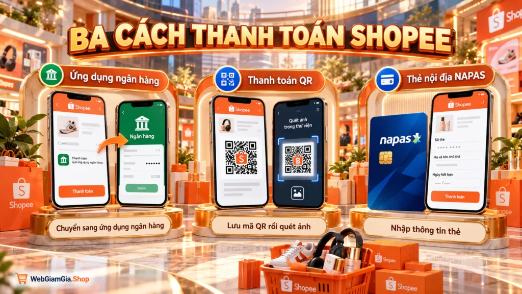Hình minh họa so sánh thanh toán bằng ứng dụng ngân hàng, mã QR và thẻ nội địa NAPAS