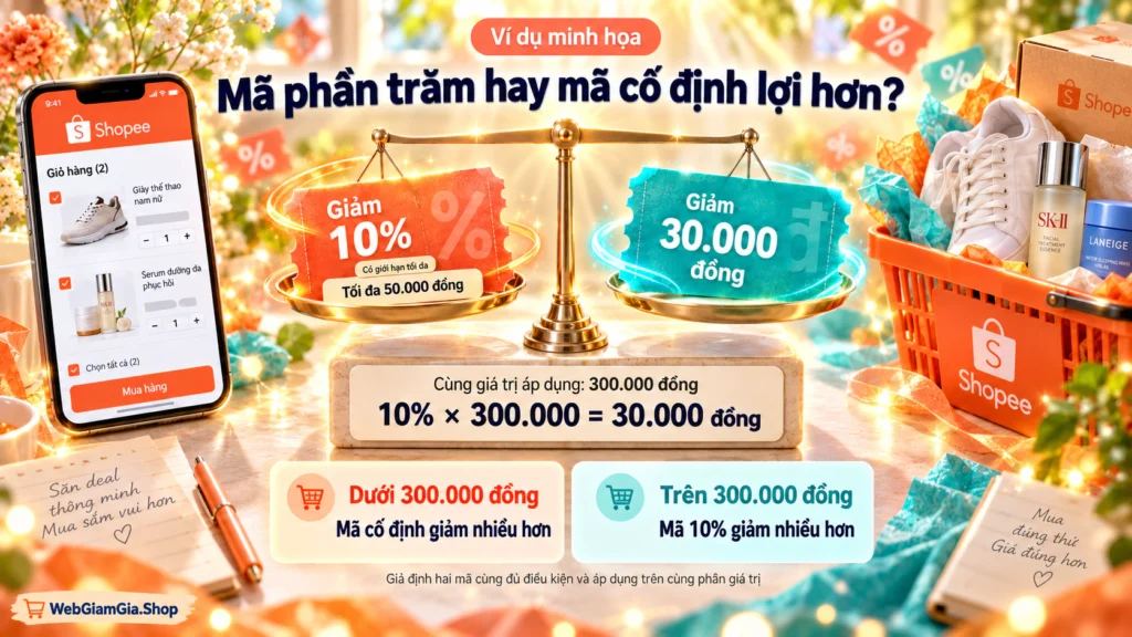Hình minh họa so sánh hai dạng voucher Hình minh họa chiếc cân so sánh voucher giảm theo phần trăm và voucher giảm giá trị cố định