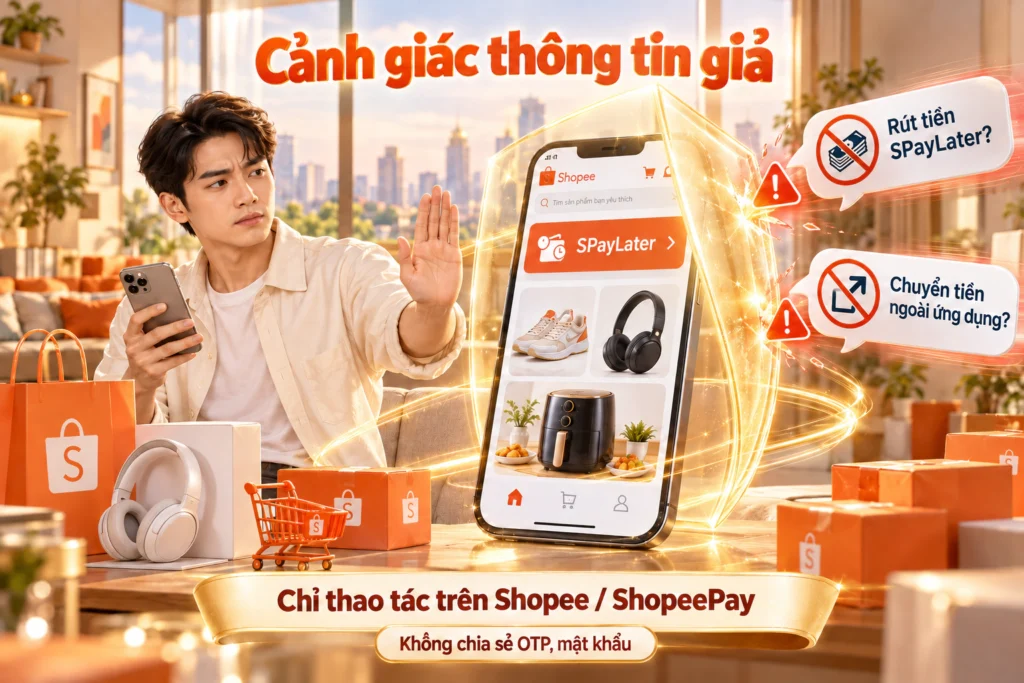 Hình minh họa cảnh giác thông tin giả Hình minh họa người mua giơ tay từ chối yêu cầu rút tiền và chuyển tiền ngoài ứng dụng, điện thoại có tấm khiên bảo vệ