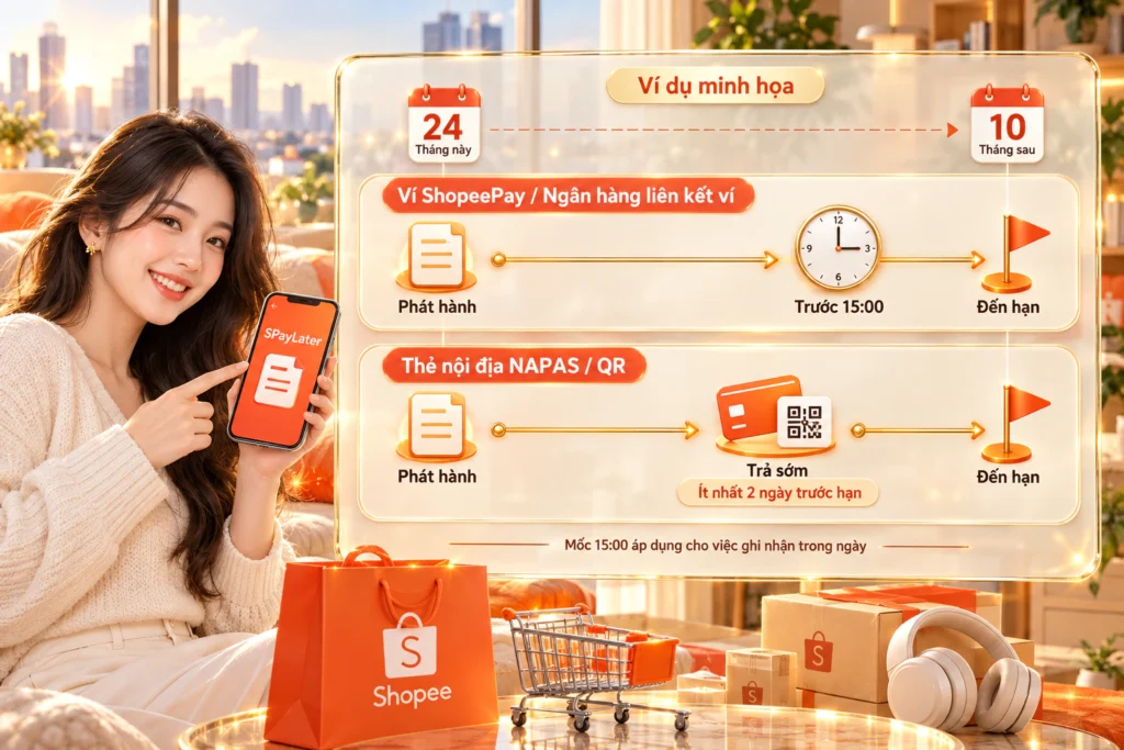 Hình minh họa mốc hóa đơn SPayLater Hình minh họa hai làn thời gian trả hóa đơn: ví ShopeePay và thẻ nội địa hoặc QR cần trả sớm hơn ngày đến hạn