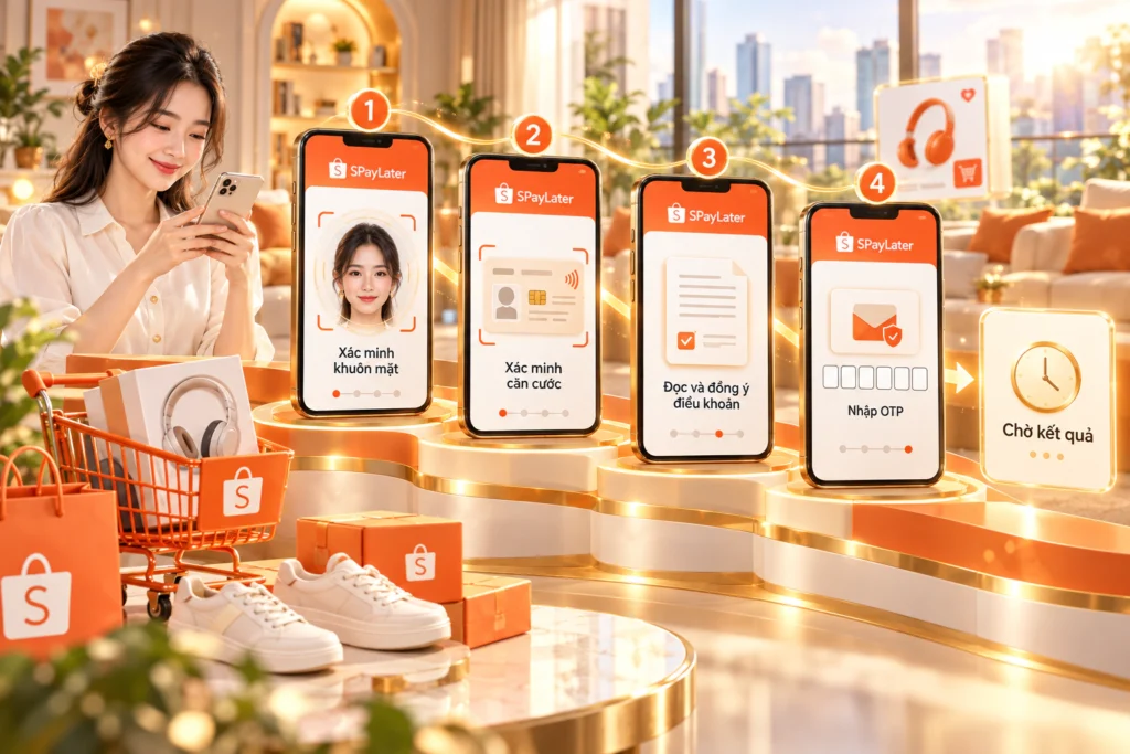 Hình minh họa các bước kích hoạt SPayLater Hình minh họa các bước xác minh khuôn mặt, căn cước, đồng ý điều khoản, nhập mã OTP rồi chờ kết quả khi kích hoạt SPayLater
