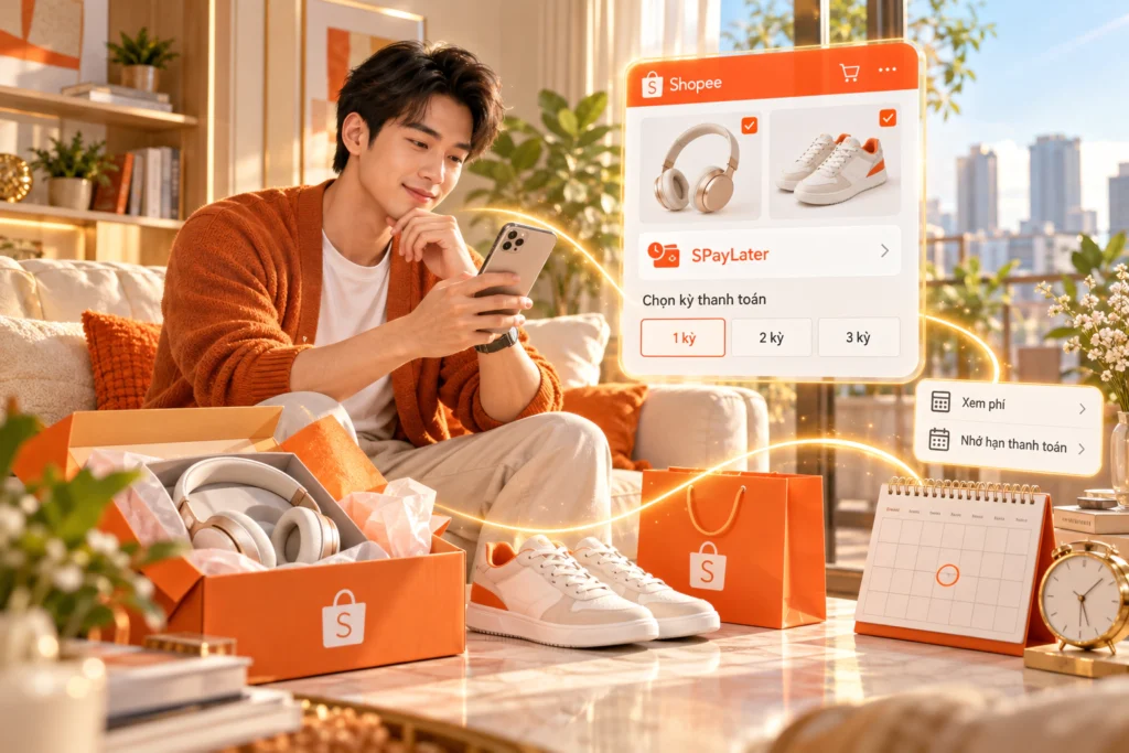 Hình minh họa mua trước trả sau trên Shopee Hình minh họa người mua hàng trên điện thoại chọn kỳ thanh toán SPayLater, bên cạnh hộp hàng và tờ lịch đánh dấu ngày