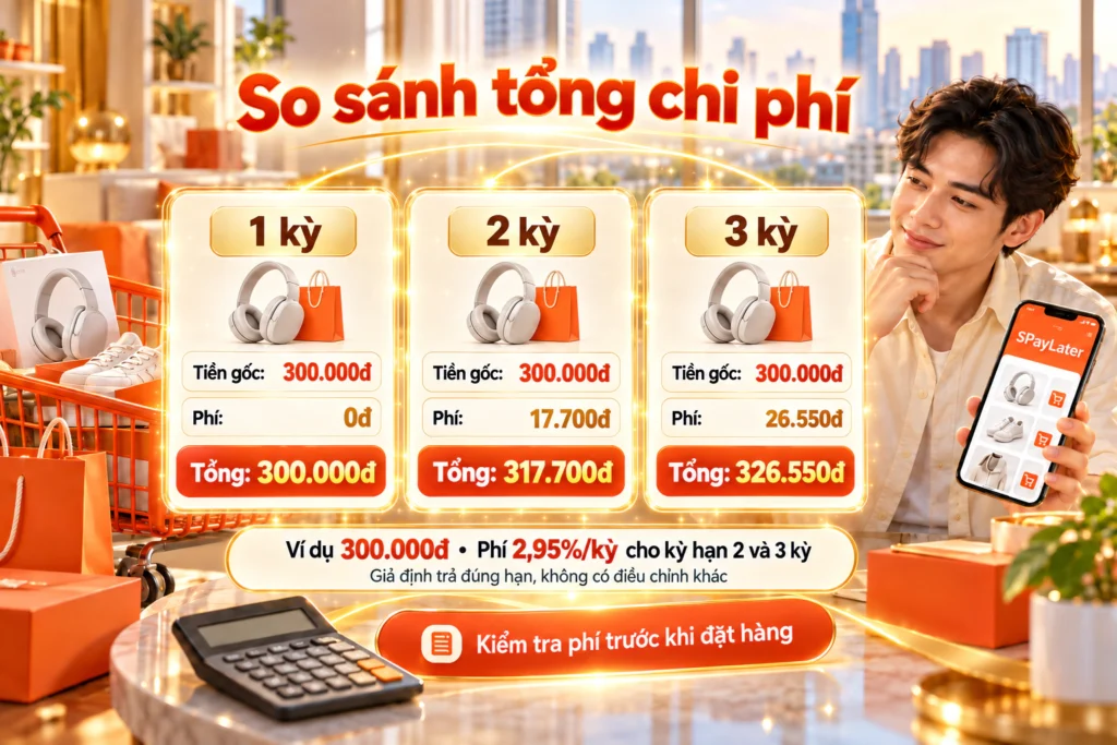 Hình minh họa phí theo số kỳ thanh toán Hình minh họa ba thẻ kỳ hạn với phần tiền gốc và phần phí khác nhau, ví dụ đơn 300.000 đồng trả 1, 2 hoặc 3 kỳ